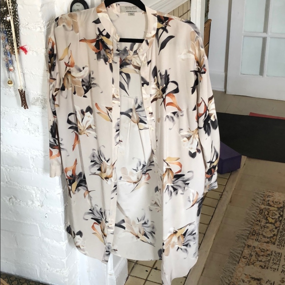 AllSaints Floral Printed Silk Button Up Shirt